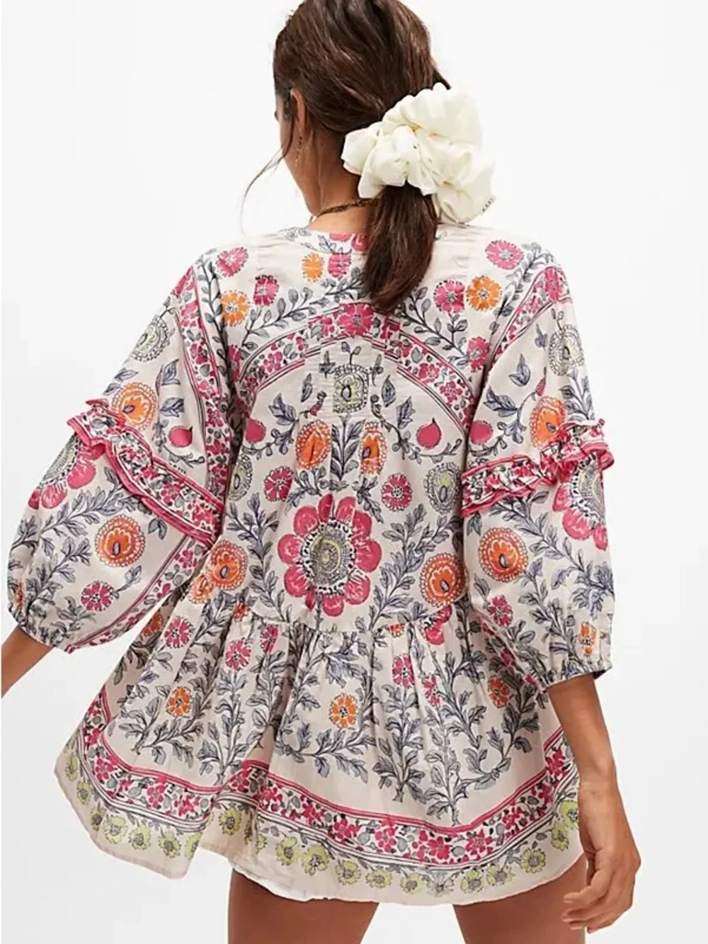 Free People Avery Tunic Puff Sleeves Cinched Waist Floral Peasant Statement Top
